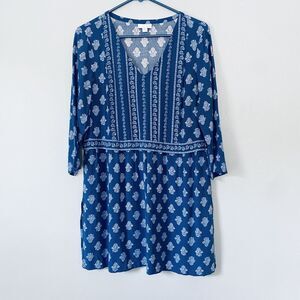 J. Jill Top Small Blue Tunic Flouse Indian Print Slit Side Lagenlook Boho Blouse